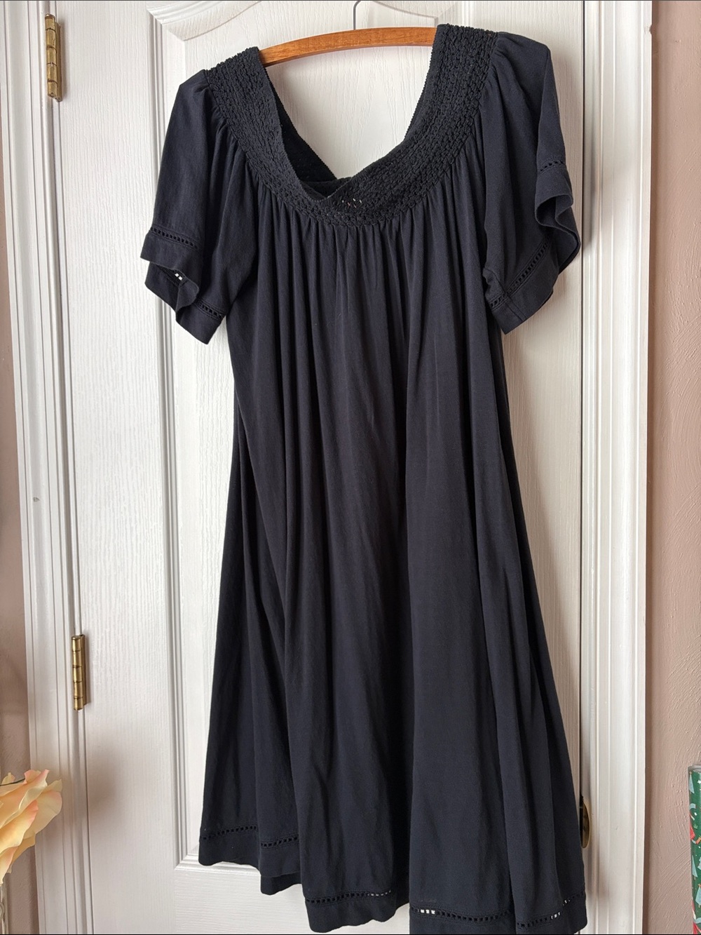 Roxy Black Off-Shoulder Cotton Crochet Yoke Dress